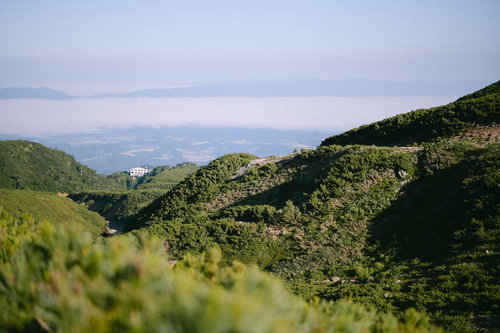 緑の山々に囲まれた山中の十勝岳温泉遠景と登山風景