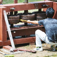 徳之島で使用されていた昔のサトウキビ圧搾機サタグンマのの写真