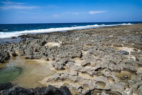 隆起サンゴ礁でゴツゴツした犬田布海岸