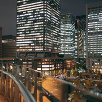 テラスから望む丸の内ビル群の夜景の写真