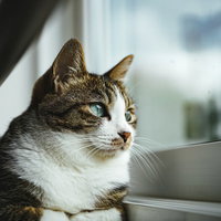 雨降りそうだにゃん、窓際でくつろぐ茶白の猫の写真