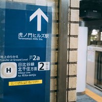東京メトロ日比谷線・虎ノ門ヒルズ駅のホームを示す矢印案内板の写真