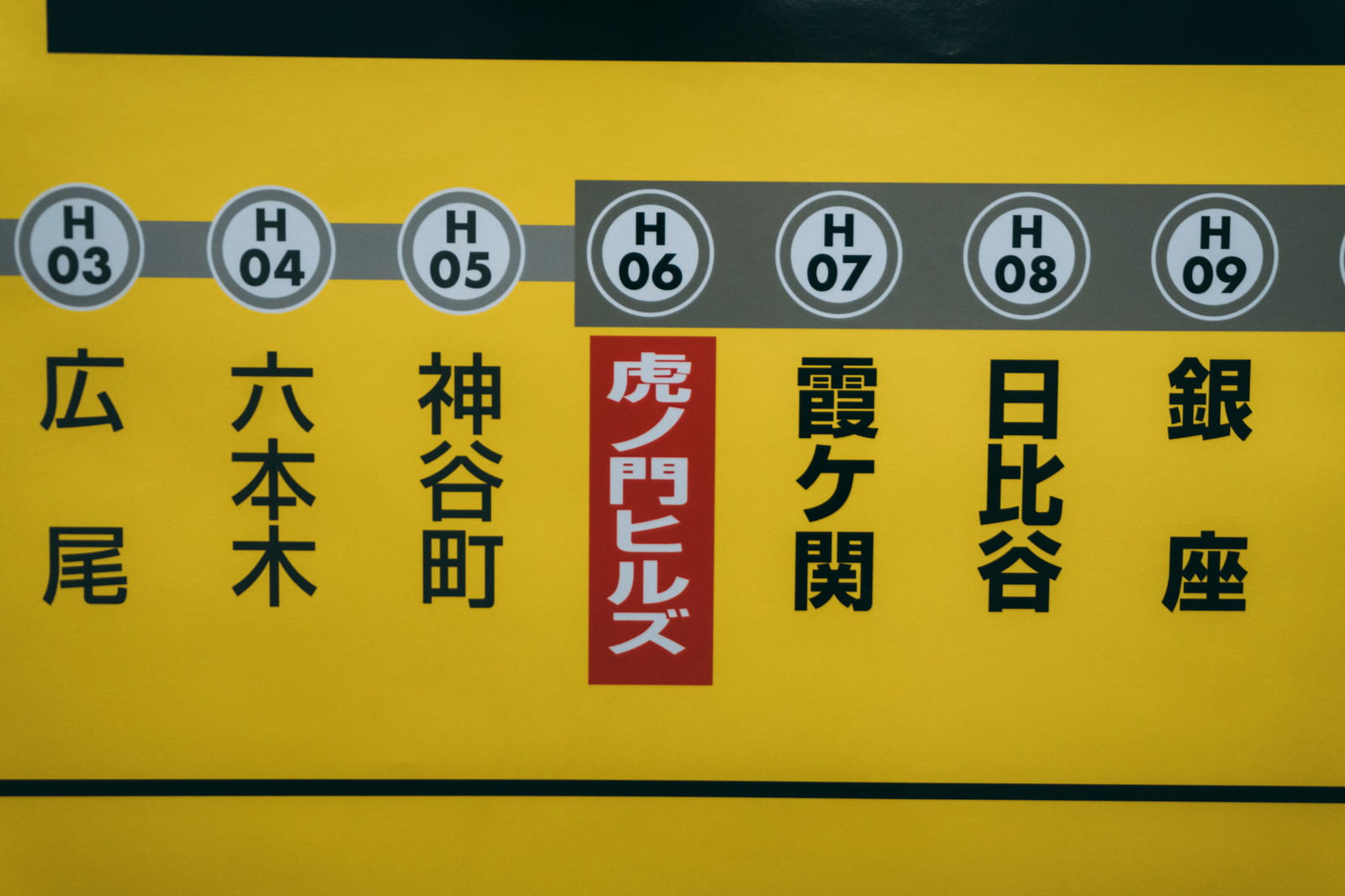 東京メトロ日比谷線の路線図、黄色い背景に駅名が青い丸で表示