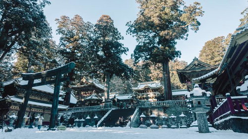 雪が積もった日光東照宮の境内と緑色の鳥居の参拝風景