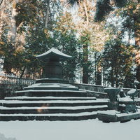 雪に覆われた日光東照宮の石造り宝塔の写真