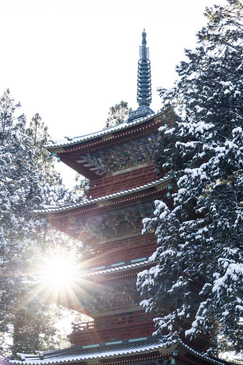 冬の参拝客向けに雪景色の中で存在感を放つ日光東照宮五重塔の社殿