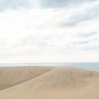 雲間から差す光と鳥取砂丘の水平線、広大な砂地の風景の写真