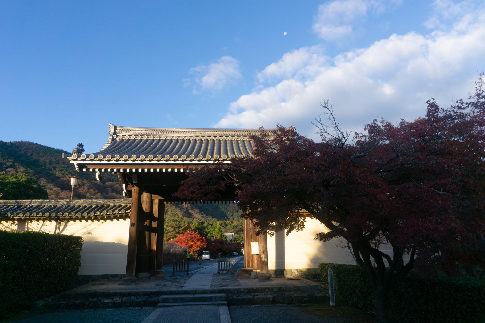 朝日を浴びる天龍寺の中門と空に浮かぶ月