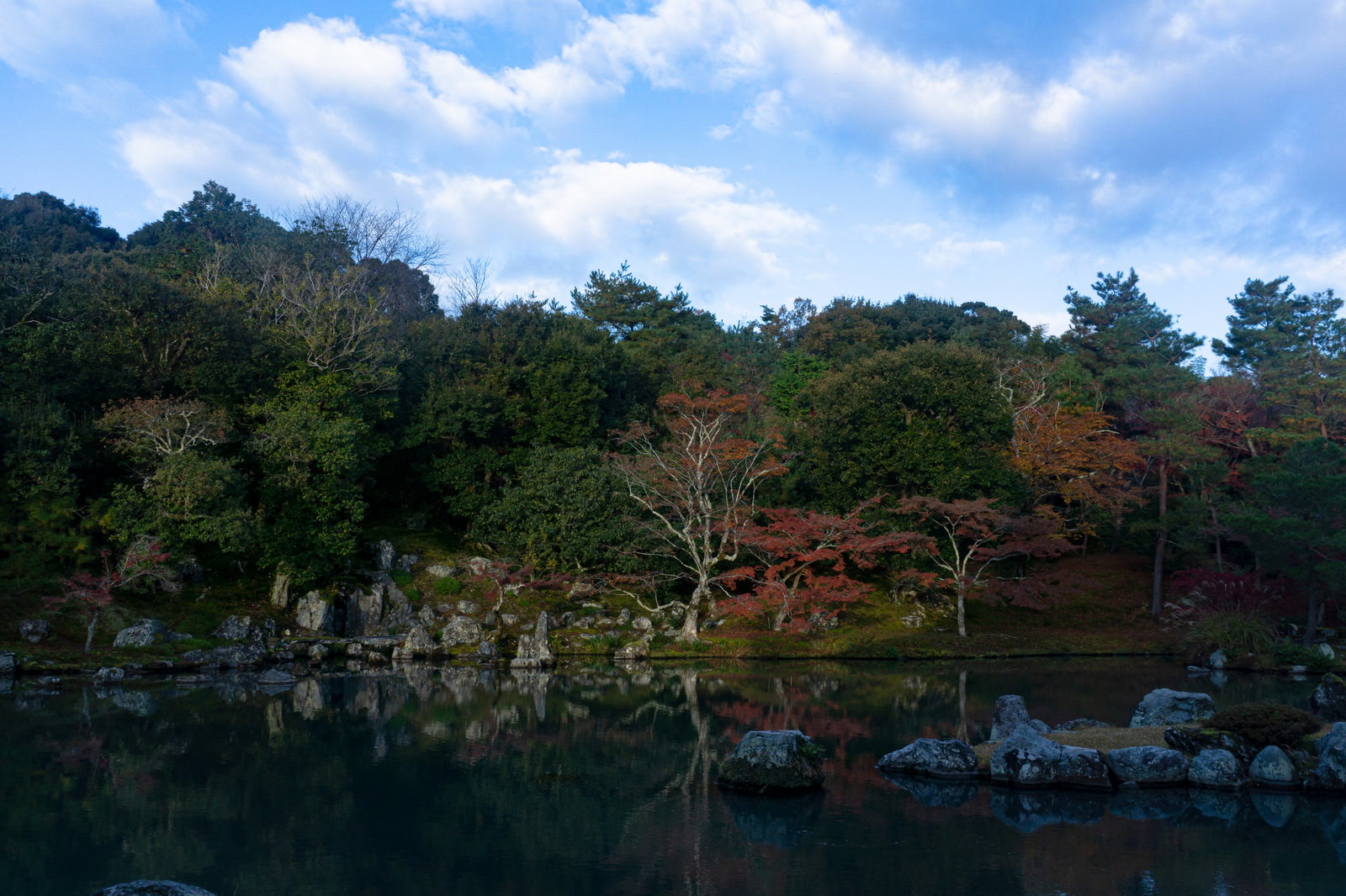 天龍寺の曹源池庭園で紅葉した木々が水面に映る滝石組の風景