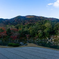 美しく整えられた白砂と日が差し込み始めた曹源池の写真