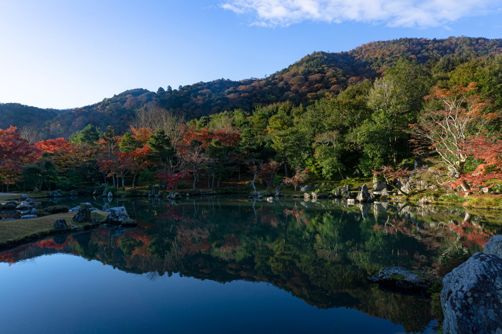 秋の曹源池庭園の風景。池に映る紅葉と嵐山の山並み