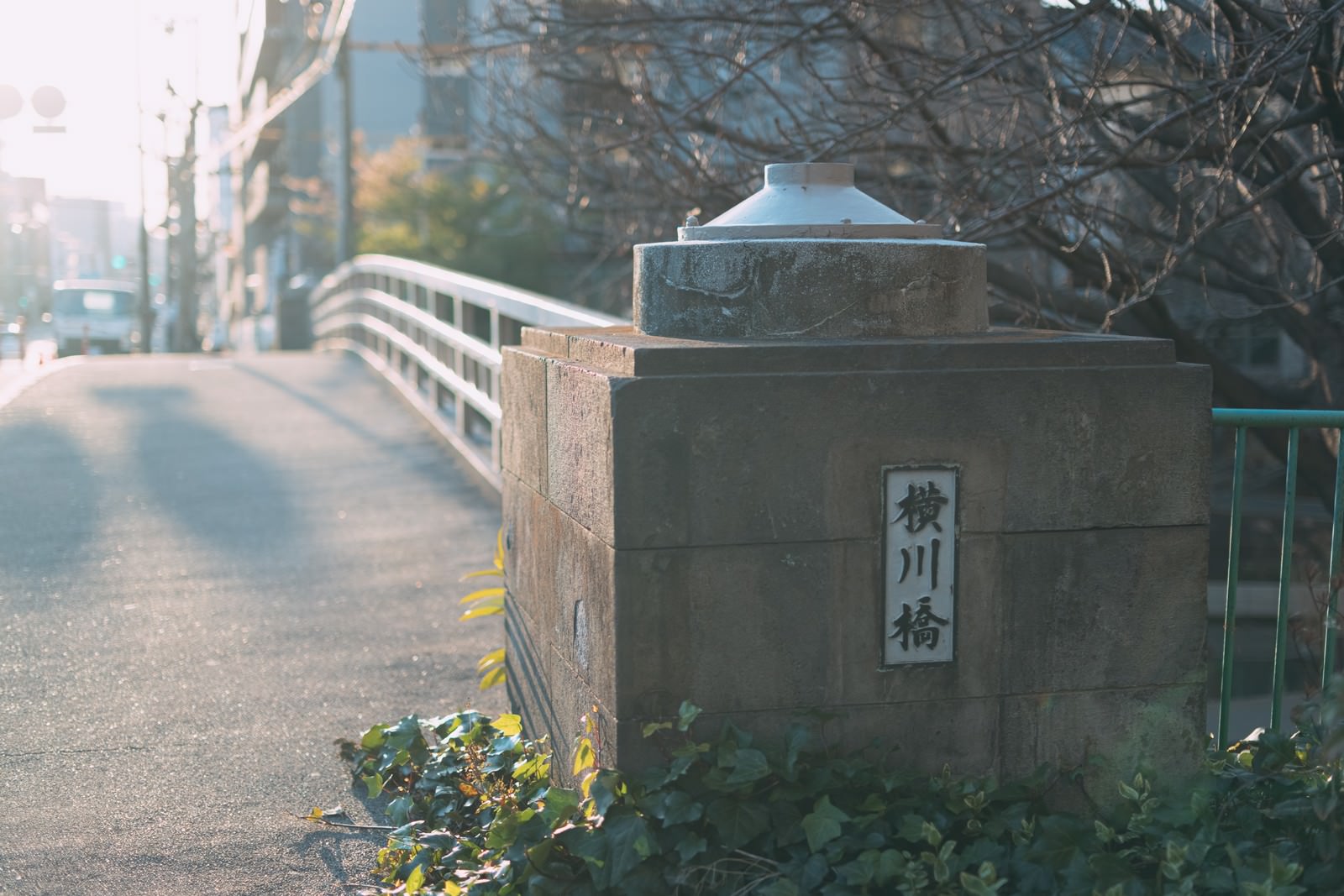 夕日の光で橋の欄干に長い影が伸びる横川橋の風景