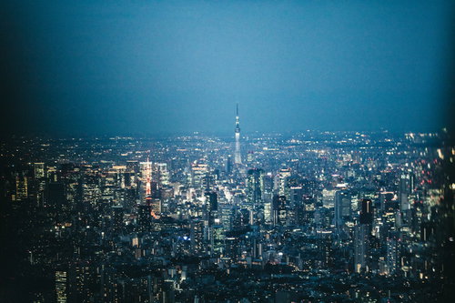 高い場所から見下ろした東京タワーとスカイツリーの夜景