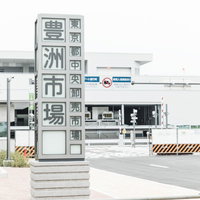 豊洲市場の青果門案内と白い建物の施設全景の写真