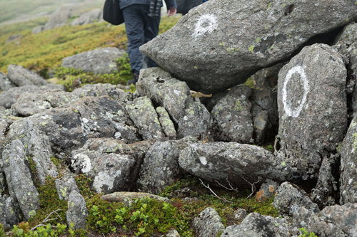 乗鞍新登山道の岩場にマークされた白いペイント標示