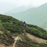 乗鞍の新登山道と霧がかかる夏の斜面の写真