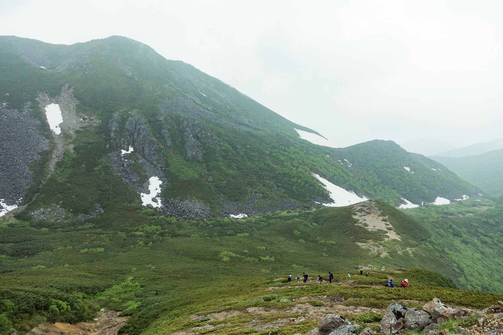 7月の乗鞍新登山道で残雪が残る緑の山肌を歩く複数の登山者の群れ