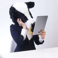 鏡を見つめてうっとりするエト牛、タブレットで自撮りしながら悩むの写真