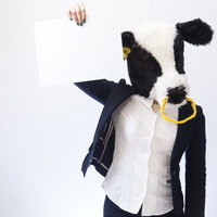 最後尾はこちらとやる気のないアルバイト牛が白い紙を持つの写真