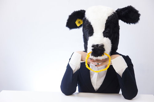 恋するエト牛が黄色いハートを持つぬいぐるみ