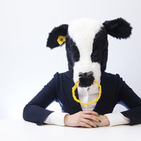 オフィスで指示待ちのエト牛の被り物をしたビジネスマンの写真