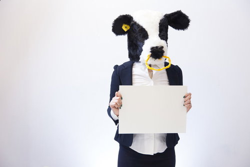 白い用紙を持つビジネススーツ姿のエト牛キャラクター