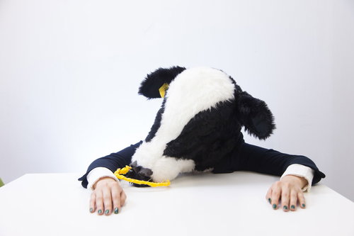 机に突っ伏して疲れる新卒の牛 - 過労と疲労のビジネス