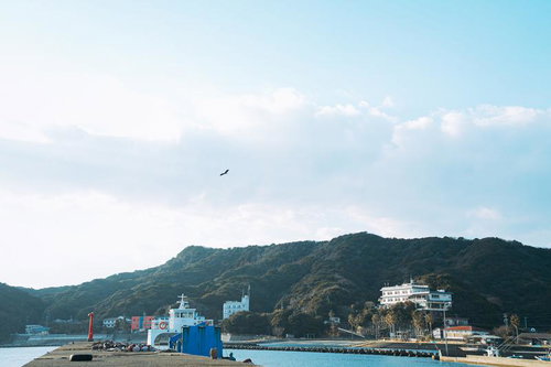 三重県答志島の港町に停泊するフェリーと緑の山々