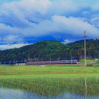 初夏の水田地帯を走る赤色車両の鉄道と山並みの写真
