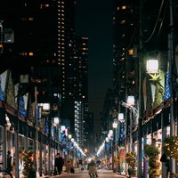 日が暮れた月島西仲通り商店街の街灯に照らされた夜景の写真