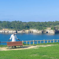 東尋坊北の芝生広場に配置された恐竜博士ベンチと福良の浜の海食崖と海食洞の写真