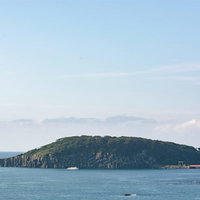 雄島のハチの巣岩（柱状節理）の辺りを進む遊覧船の写真