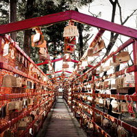 眞田神社の絵馬通りに奉納された木製の願い札の写真