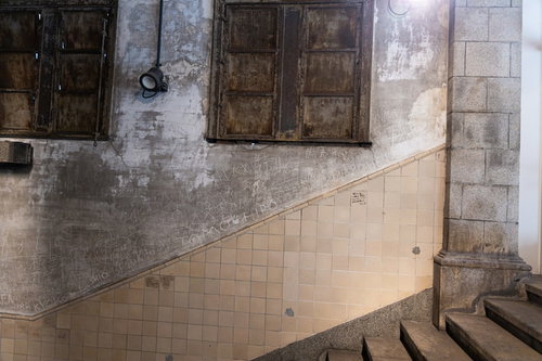 上野の旧博物館動物園駅、閉まった木製窓と壁の落書き