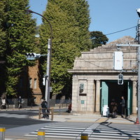 上野の旧博物館動物園駅、開かれた扉と横断歩道の写真