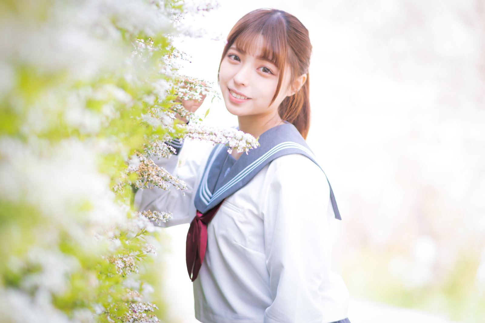 白い小花の植え込みの前で振り返って微笑むセーラー服姿の女子高生［モデル：高尾実生］