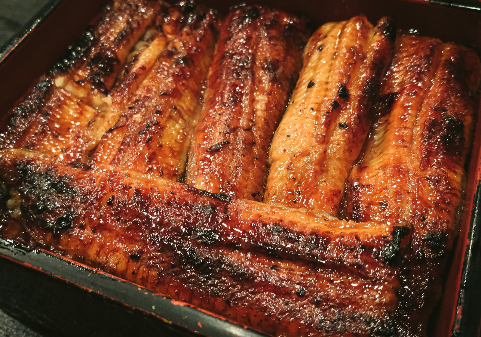 Beautifully grilled lacquered eel in a jubako