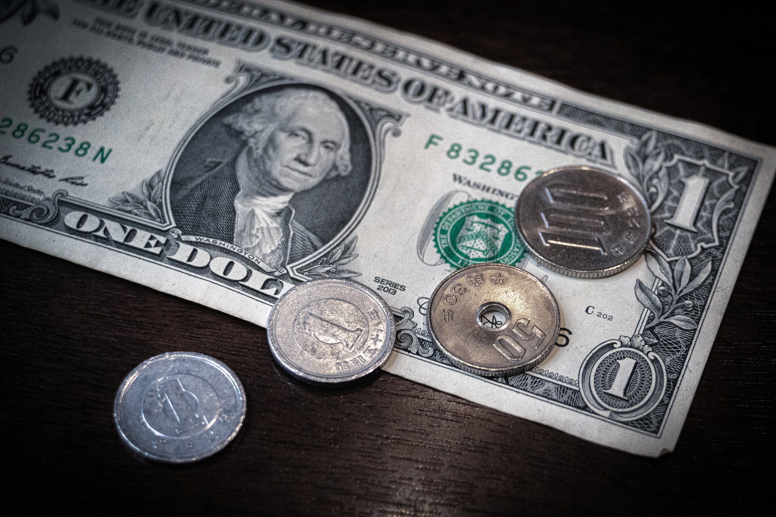 木製テーブルに置かれた1ドル札と複数の硬貨