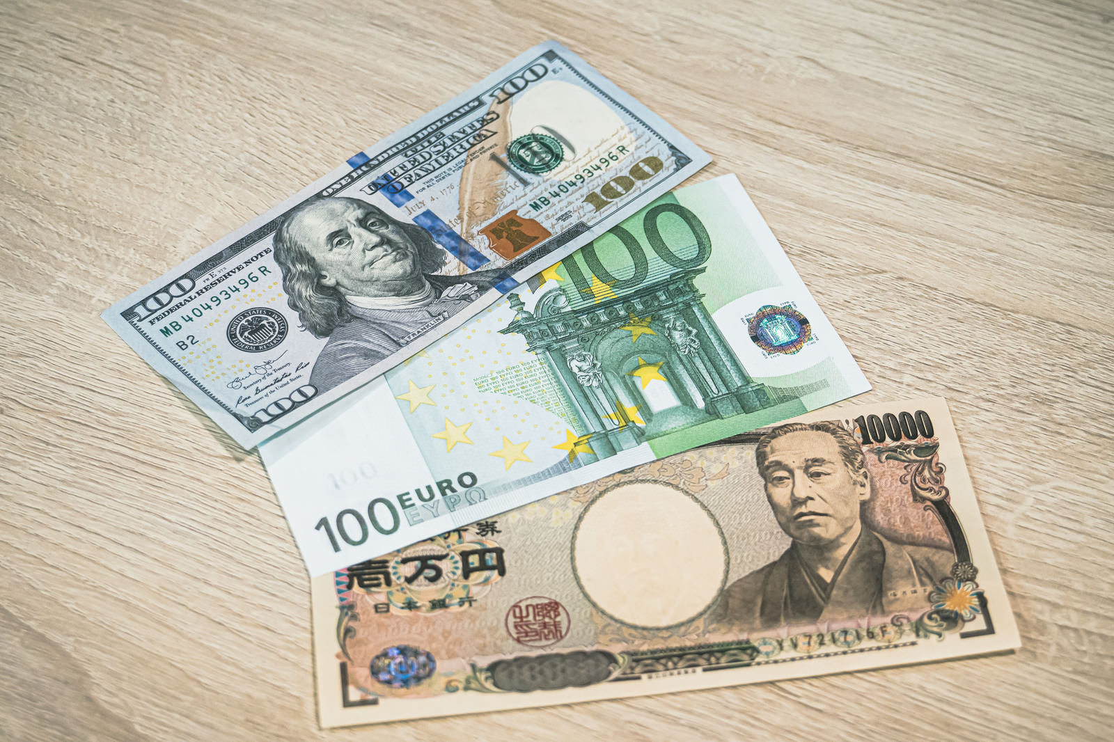 木目のテーブルに並んだ100ドル札、100ユーロ札、1万円札