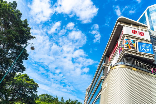 香港の彌敦道にあるショッピングモールと青空の街並み