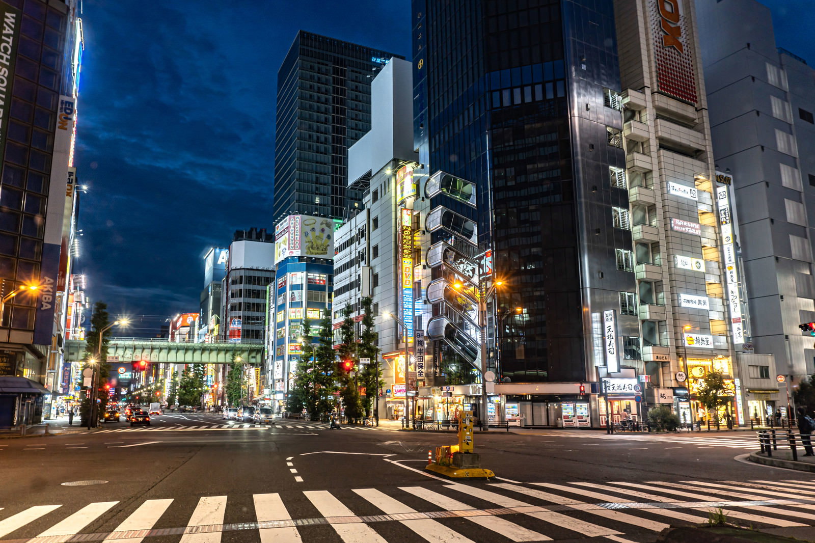 夜の秋葉原万世橋交差点でネオンが輝く街並みと横断歩道