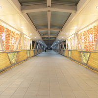 イルミネーションが眩しい香港の尖東、歩道橋の写真