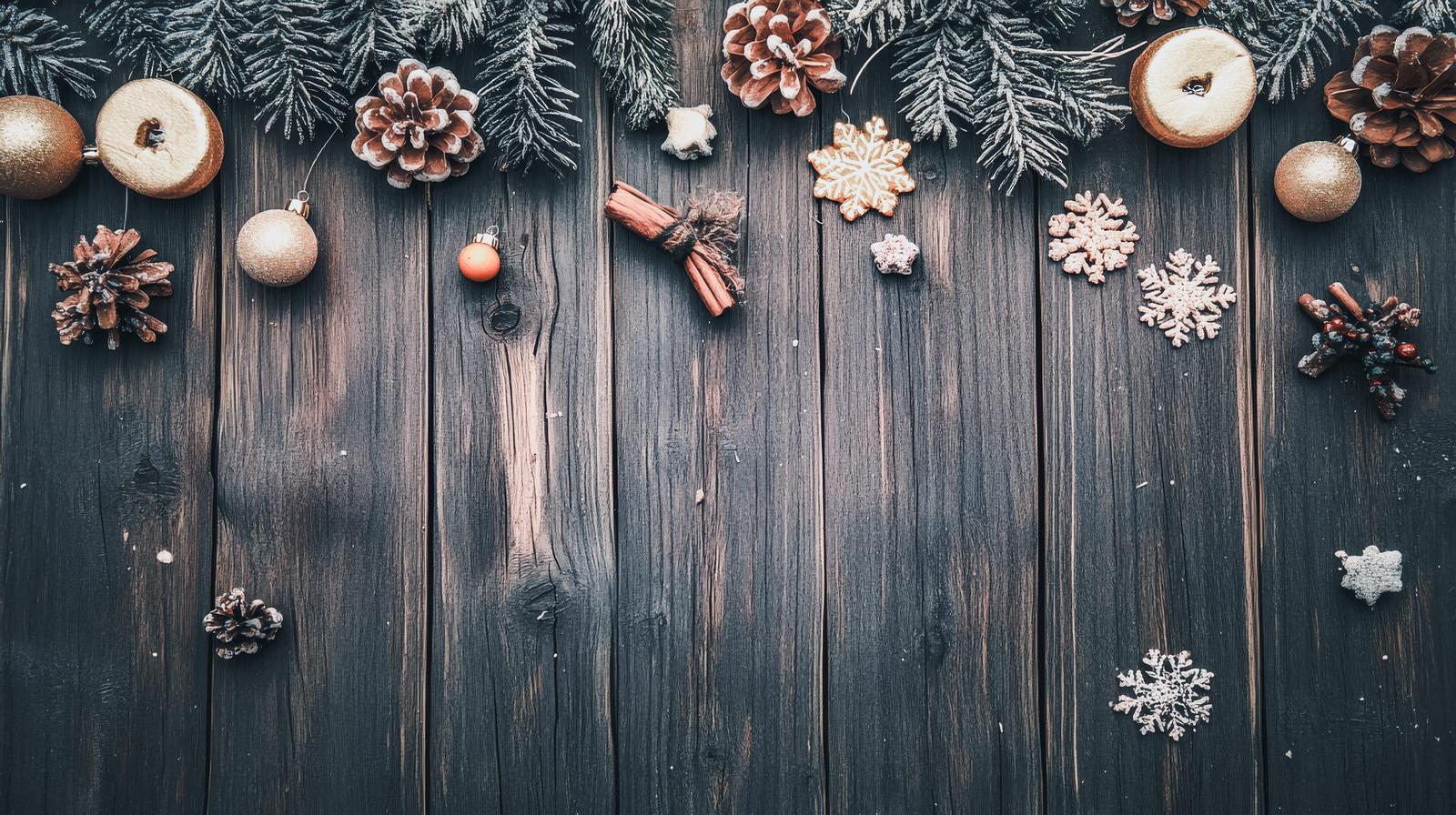 木目テーブルの上に散らばるゴールドのオーナメント、松ぼっくり、シナモン、雪の結晶装飾