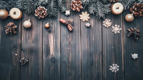 木目テーブルに飾るクリスマスのオーナメントと装飾