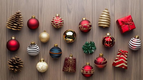 木製テーブルに並べたクリスマスオーナメントの装飾