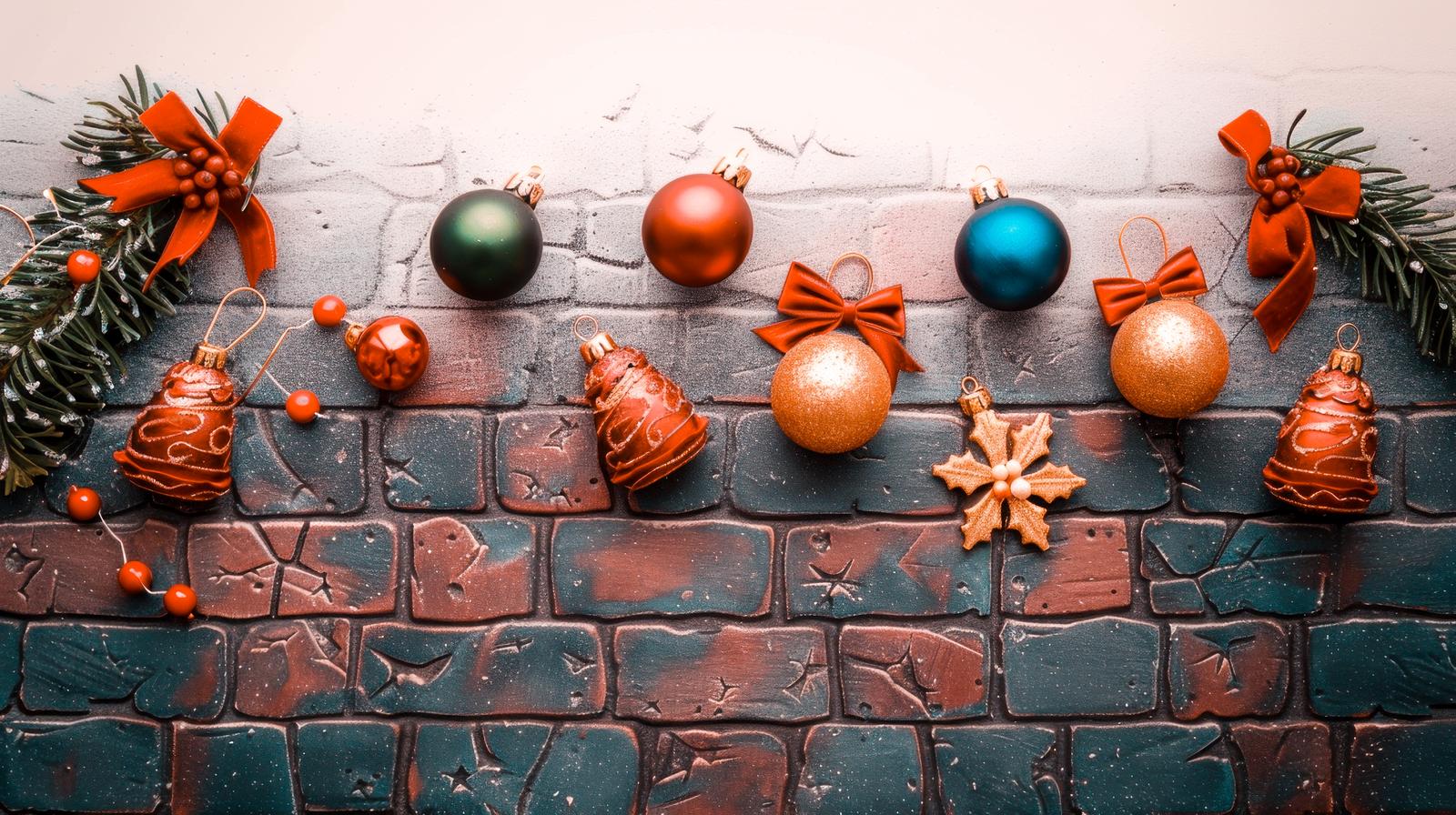 レンガ壁に配置されたクリスマスオーナメント、ベル、リボン、松の枝の装飾