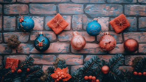 レンガ壁に飾られたクリスマスオーナメントと松枝の装飾