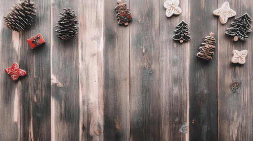 木目板に散らした小さなクリスマスオーナメント