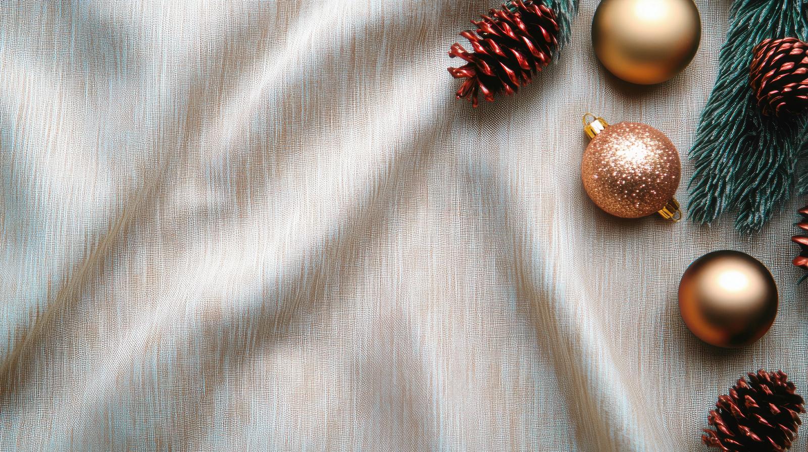 シルク布の上に置かれた赤い松ぼっくりと金色・銅色のクリスマスボール