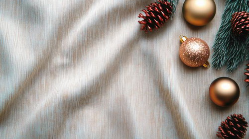 シルク布に映えるクリスマスオーナメントの装飾